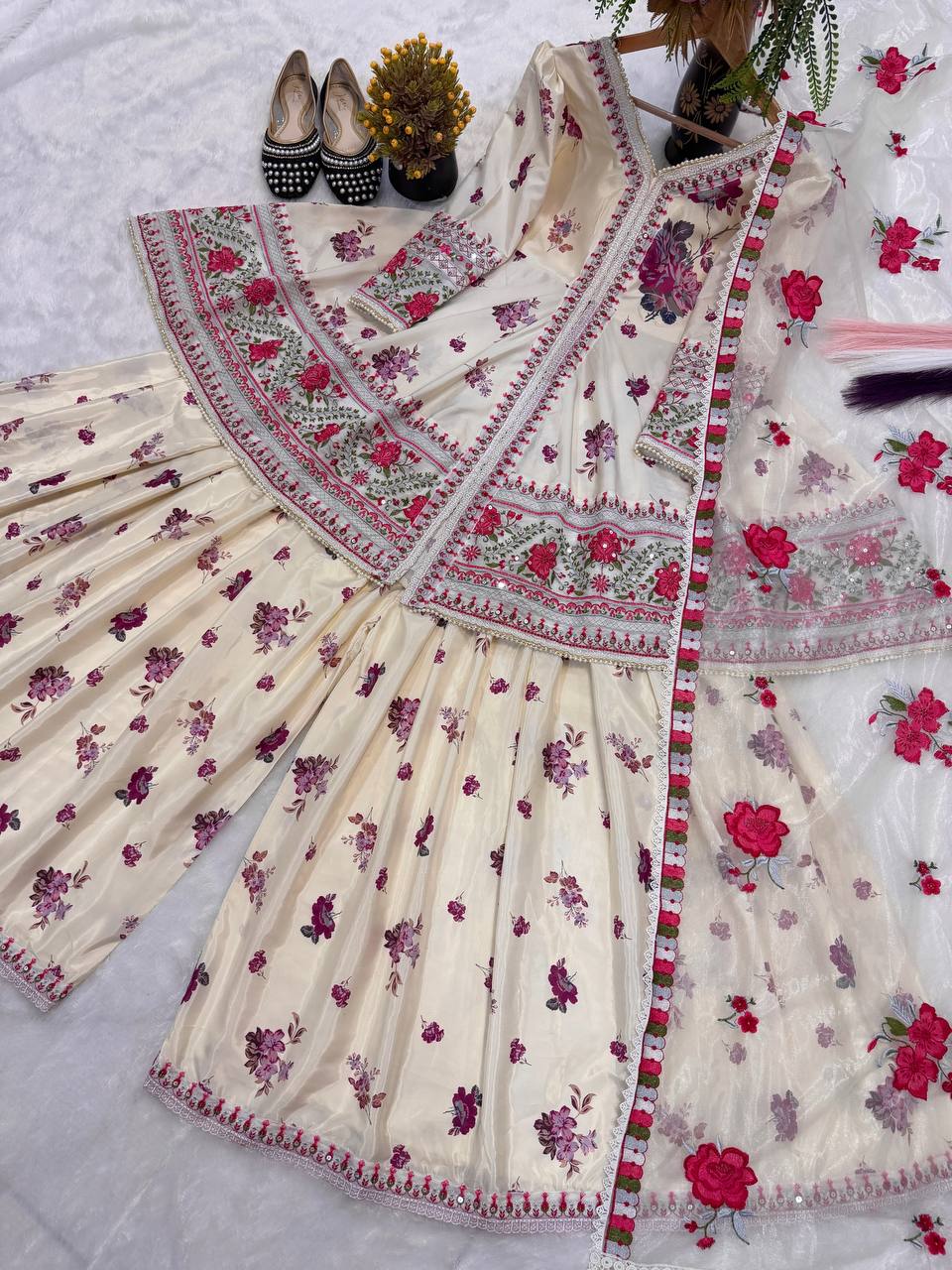 Ivory Beige Floral Couture Sharara Set - Festive Wear